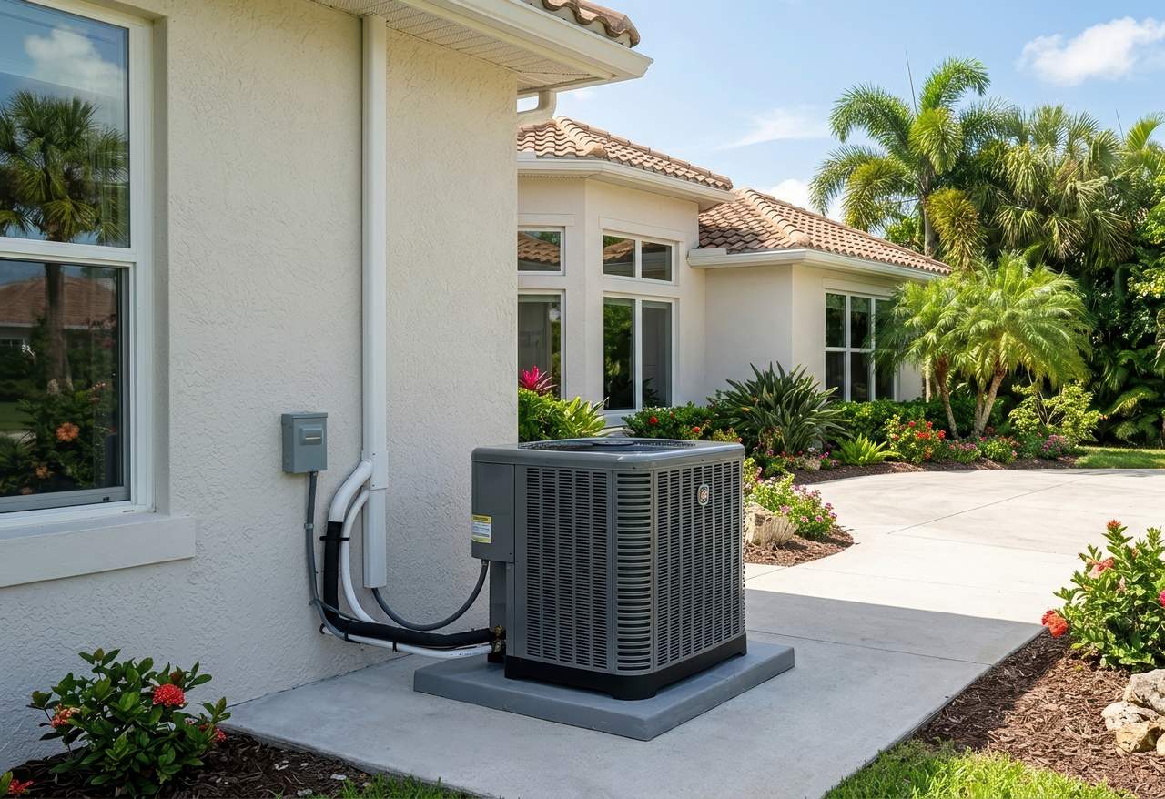 View of a newly installed outdoor AC unit at a Florida house, featuring clean conduit lines and vibrant tropical greenery.