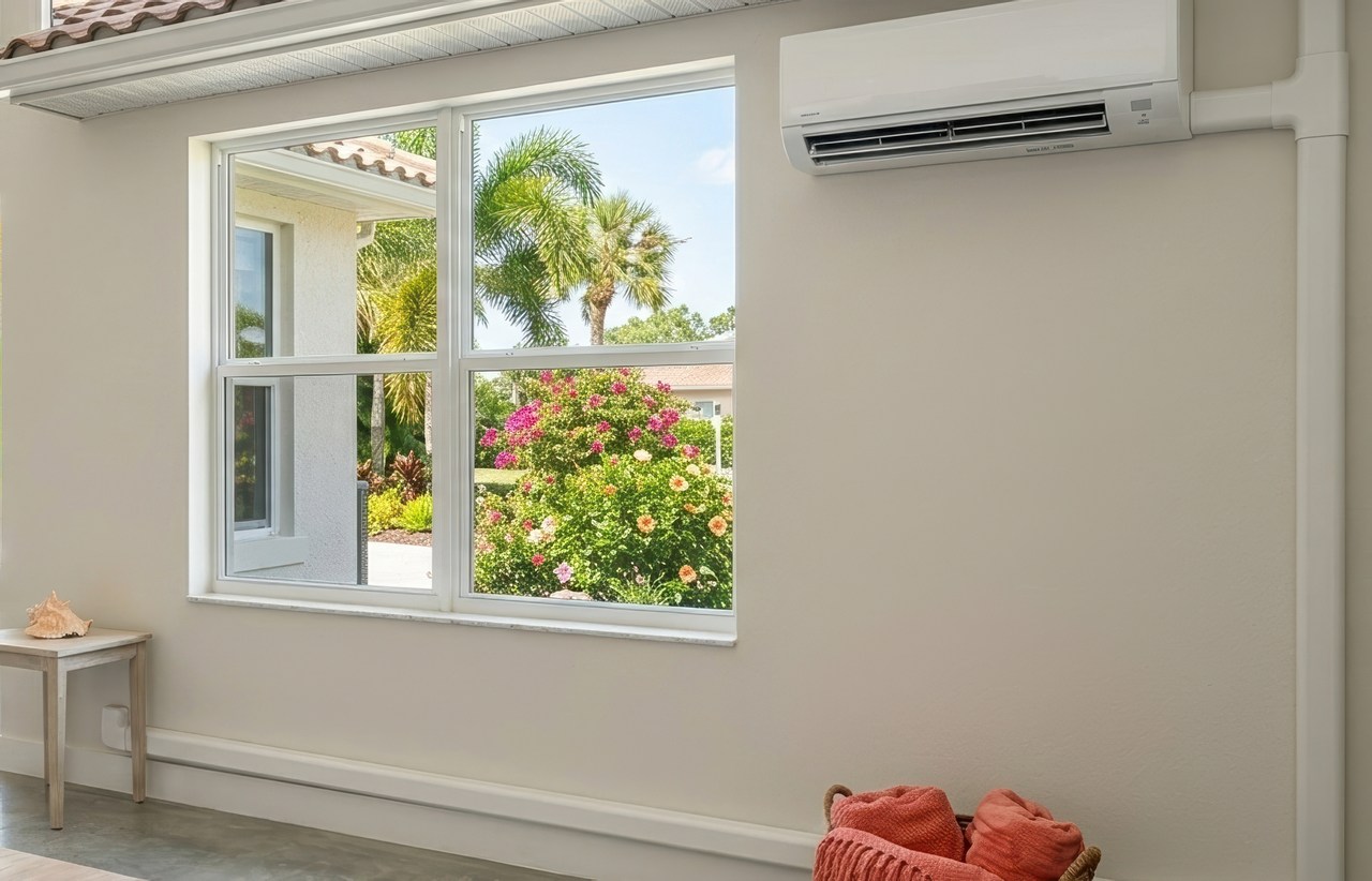 A white ductless mini-split AC unit is mounted on an interior wall of a Florida home, with a tropical garden visible through the window.