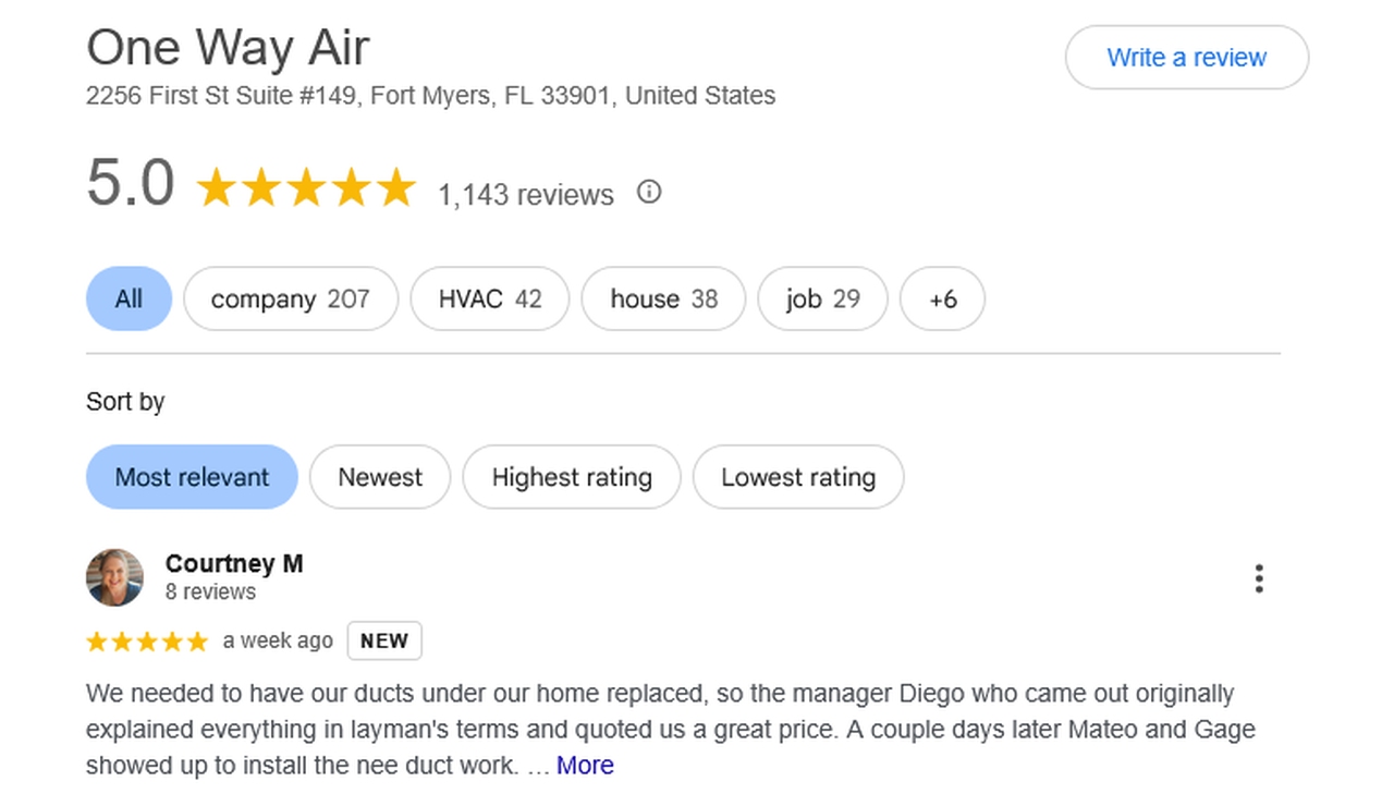 Screenshot of a 5.0-star rating for One Way Air in Fort Myers, Florida, with a customer review praising the manager and technicians.