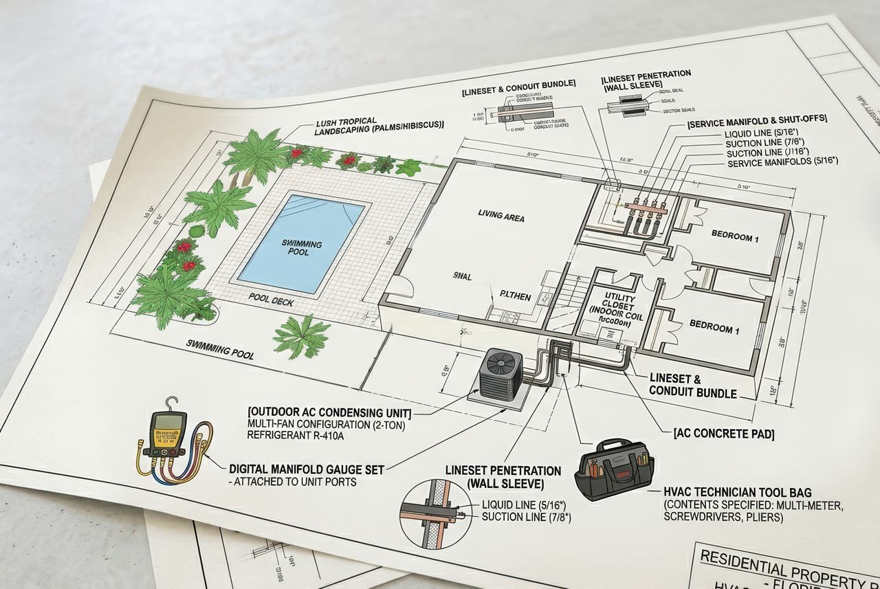 A detailed architectural floor plan of a Florida home shows an AC installation layout near a swimming pool and tropical landscaping.
