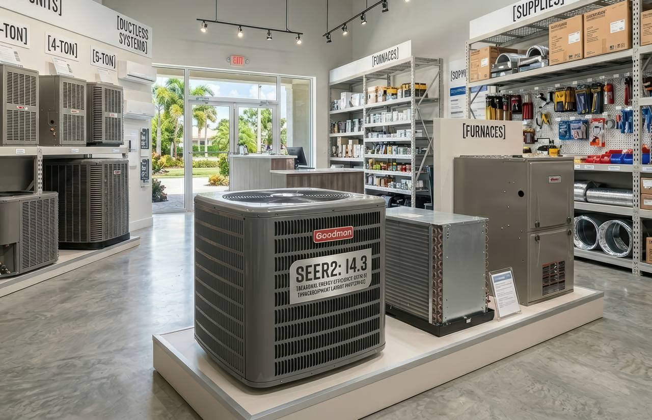 A Goodman SEER2 14.3 condenser unit is displayed in a Tampa, Florida showroom, surrounded by various heating and cooling equipment.