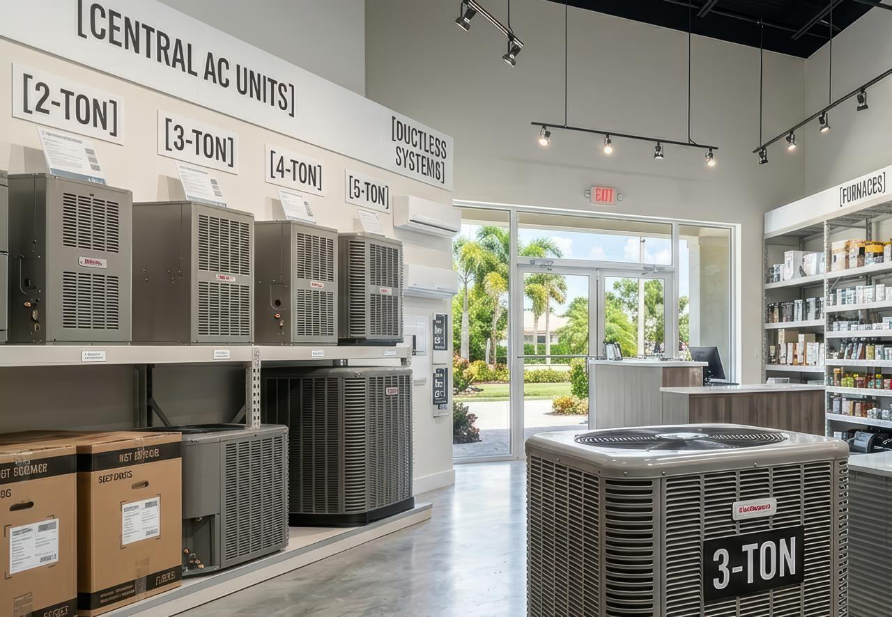 Various air conditioning units, including a 3-ton model, are displayed in a modern Florida showroom with palm trees visible outside.