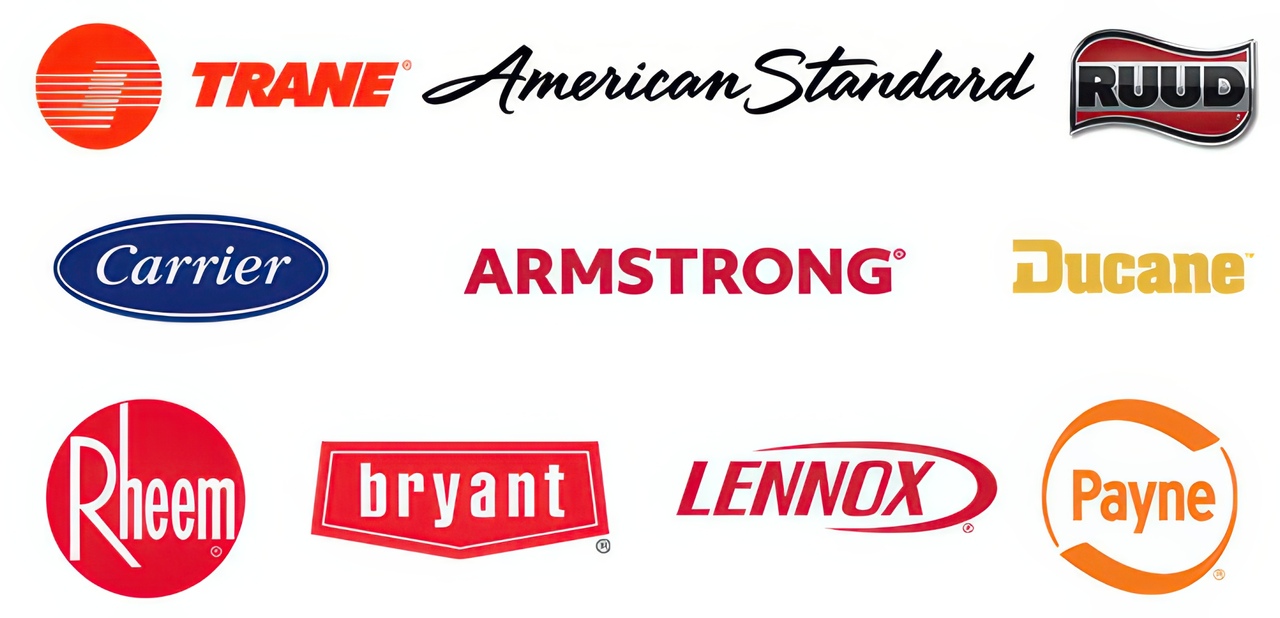 A grid of popular air conditioning brand logos, such as Rheem, Bryant, and Ruud, highlights options for Florida home installations.