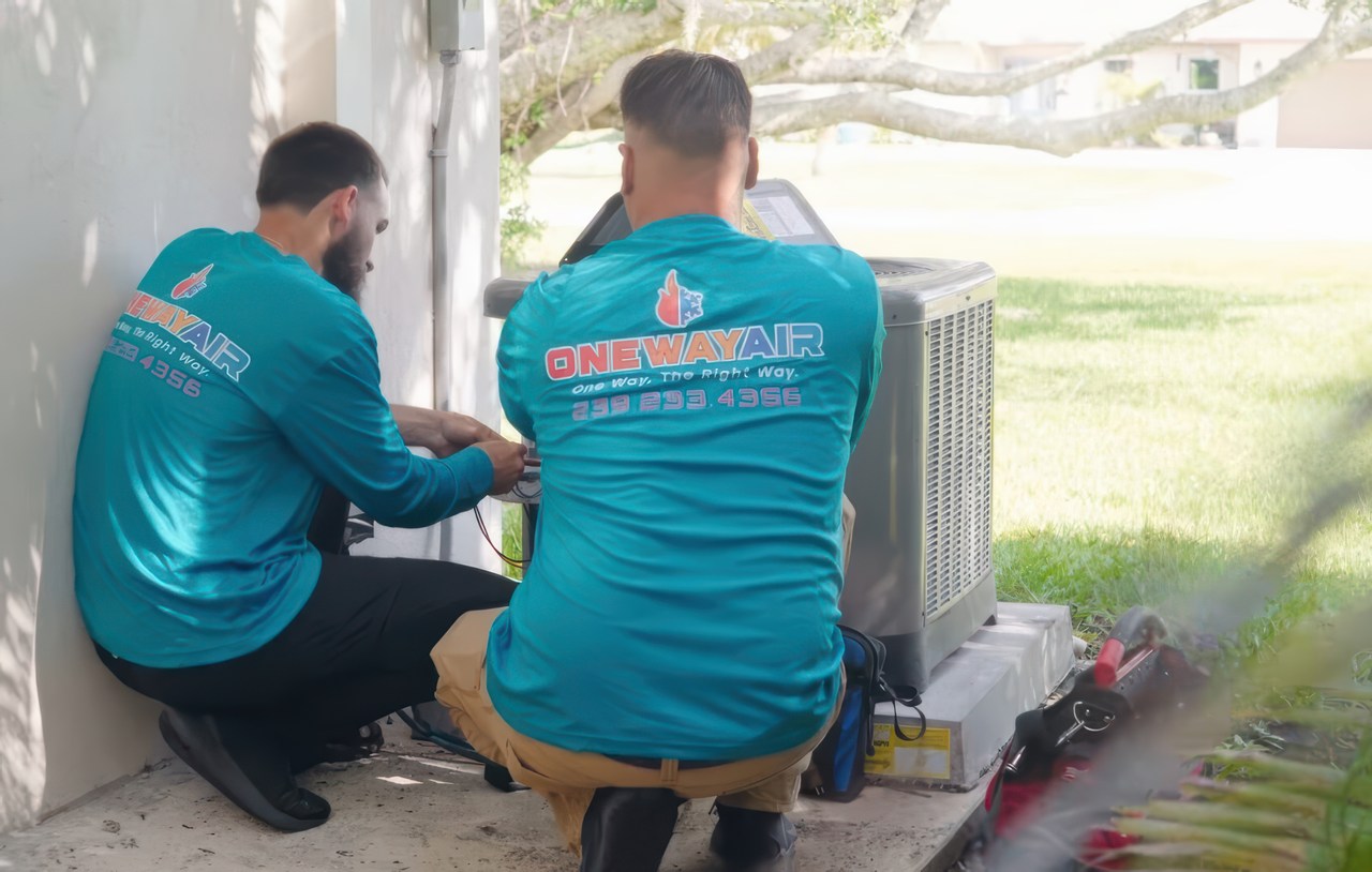 Two male technicians from One Way Air install an outdoor AC unit at a Florida home, wearing bright teal company-branded long sleeves.