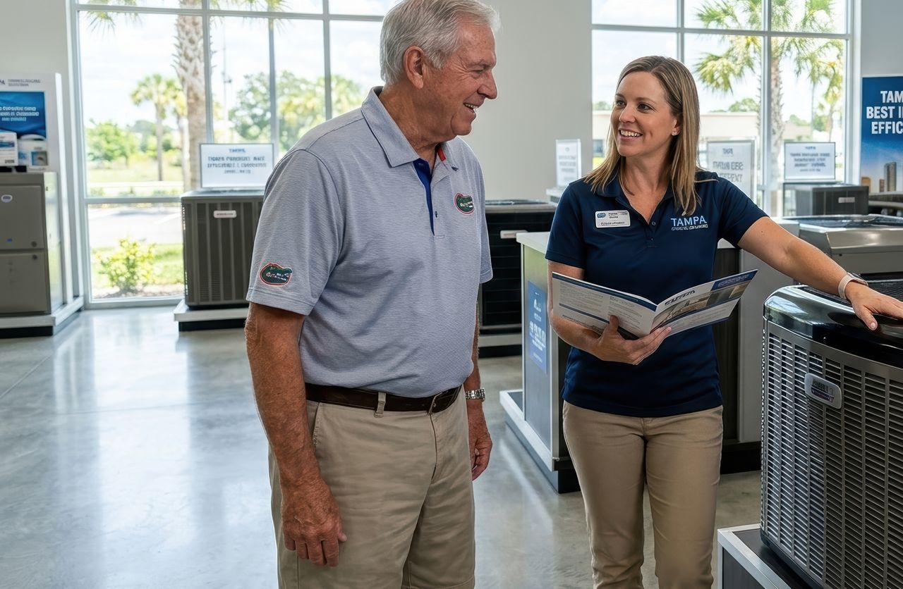 A female technician shows a brochure to an older male customer in a bright Tampa, Florida showroom filled with new AC units.