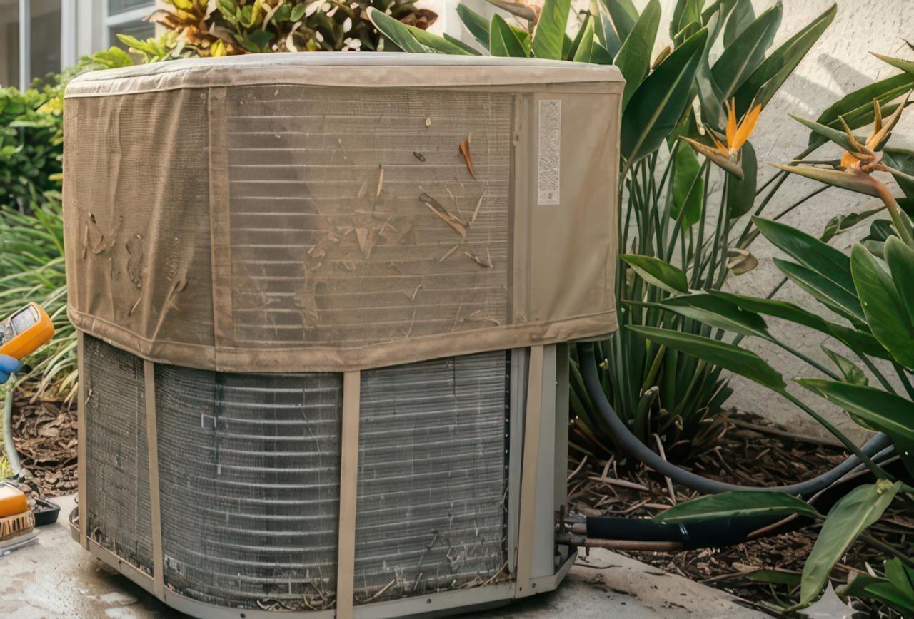 An outdoor AC condenser unit with a worn dirty beige protective cover on top, its lower condenser fins clogged with dirt and debris, with bird of paradise plants growing alongside it against a white stucco wall.