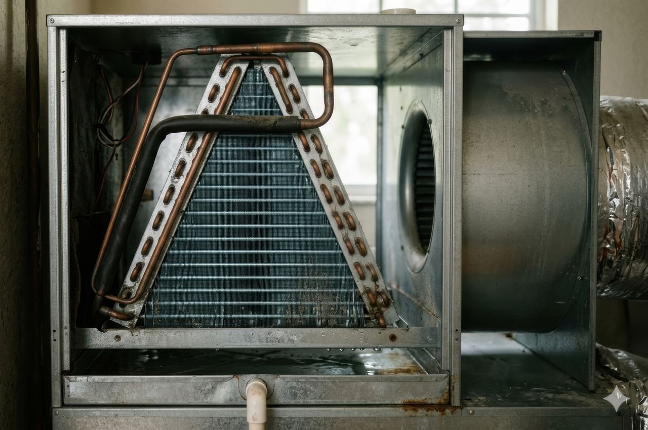 A close-up interior view of an A-shaped evaporator coil with copper refrigerant tubes and aluminum fins inside an open central AC air handler unit, with a blower wheel and flexible duct visible to the right.