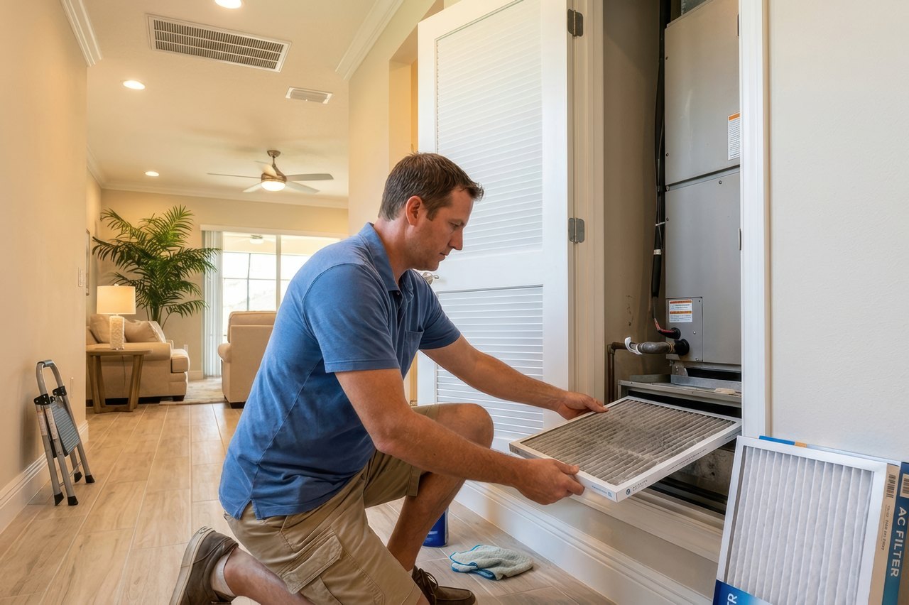 A man in a blue polo crouches to pull a heavily soiled AC filter from an open air handler in a Florida home, with a fresh replacement filter and cleaning supplies on the floor beside him.