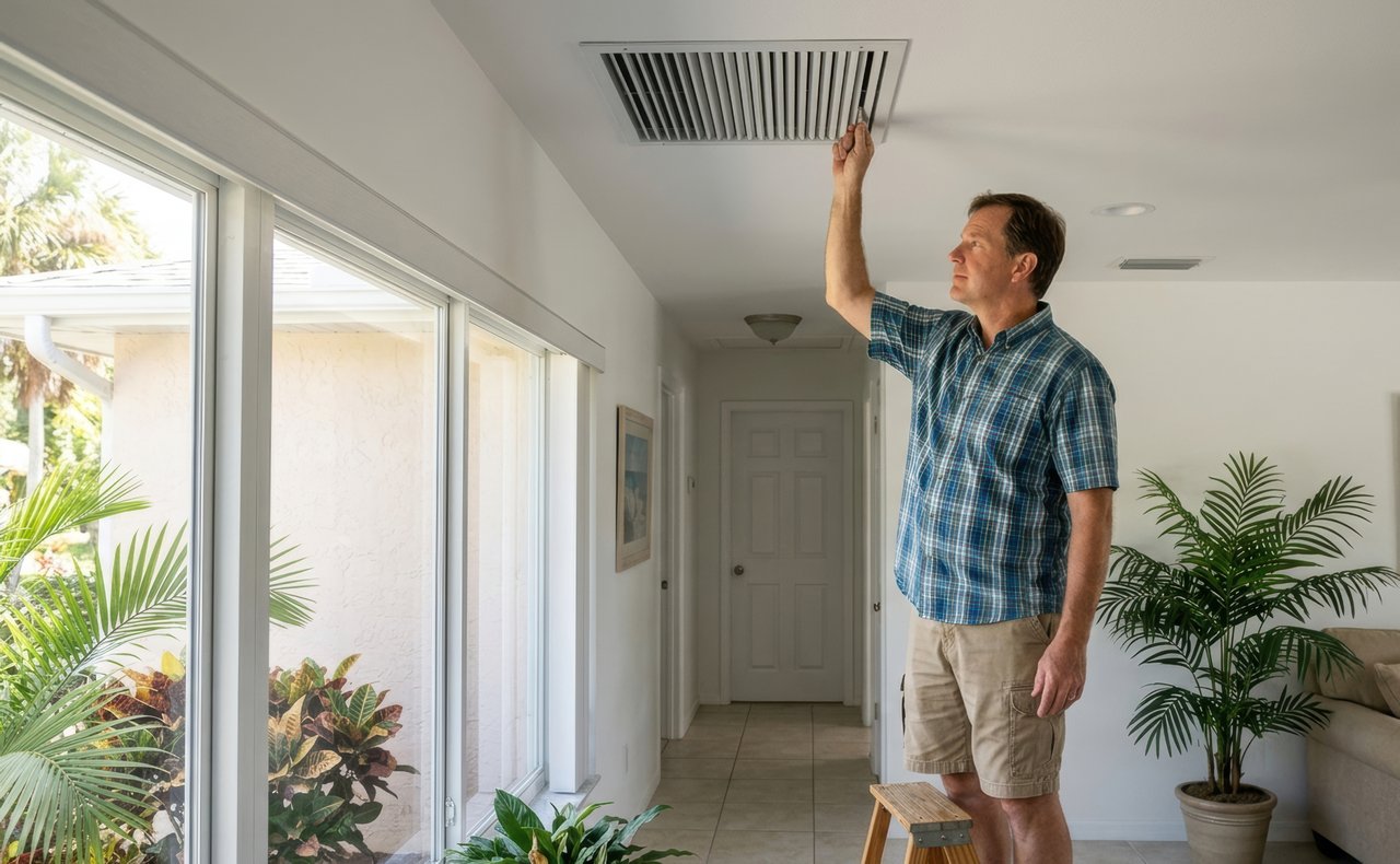 A middle-aged man in a plaid shirt stretches one arm up toward a white ceiling vent while balancing on a small wooden step stool in a sunlit Florida home with tile floors and indoor plants.