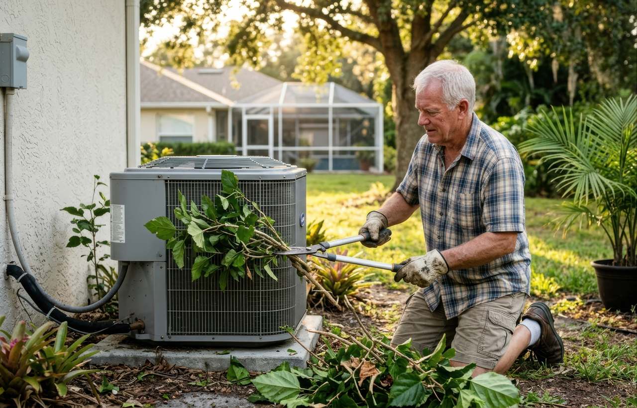 An elderly man wearing a blue plaid shirt, khaki shorts, and dirty work gloves kneels in a Florida backyard, using large pruning shears to cut back overgrown leafy branches that are pressing against a gray outdoor AC condenser unit.