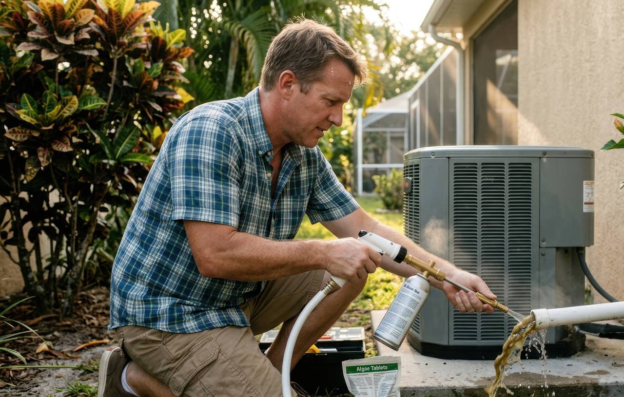 A middle-aged man in a blue plaid shirt and khaki shorts crouches beside a gray outdoor AC unit, using a spray tool and a cleaning solution can to flush a white PVC condensate drain line, with dirty water visibly draining out.