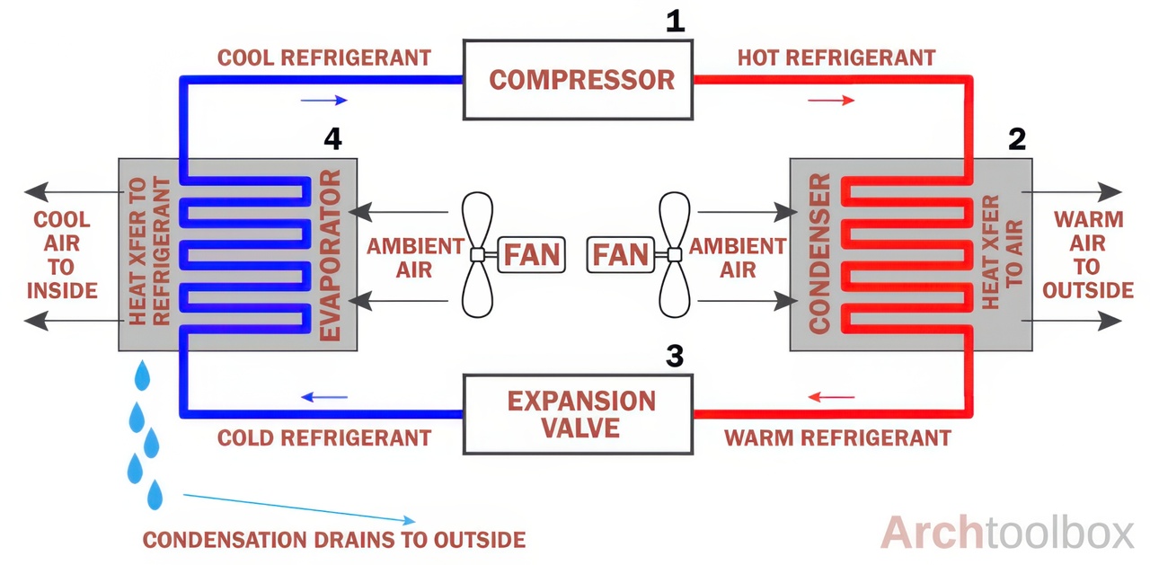 Archtoolbox diagram of a four-step AC refrigerant cycle showing how evaporator and condenser coils work together.