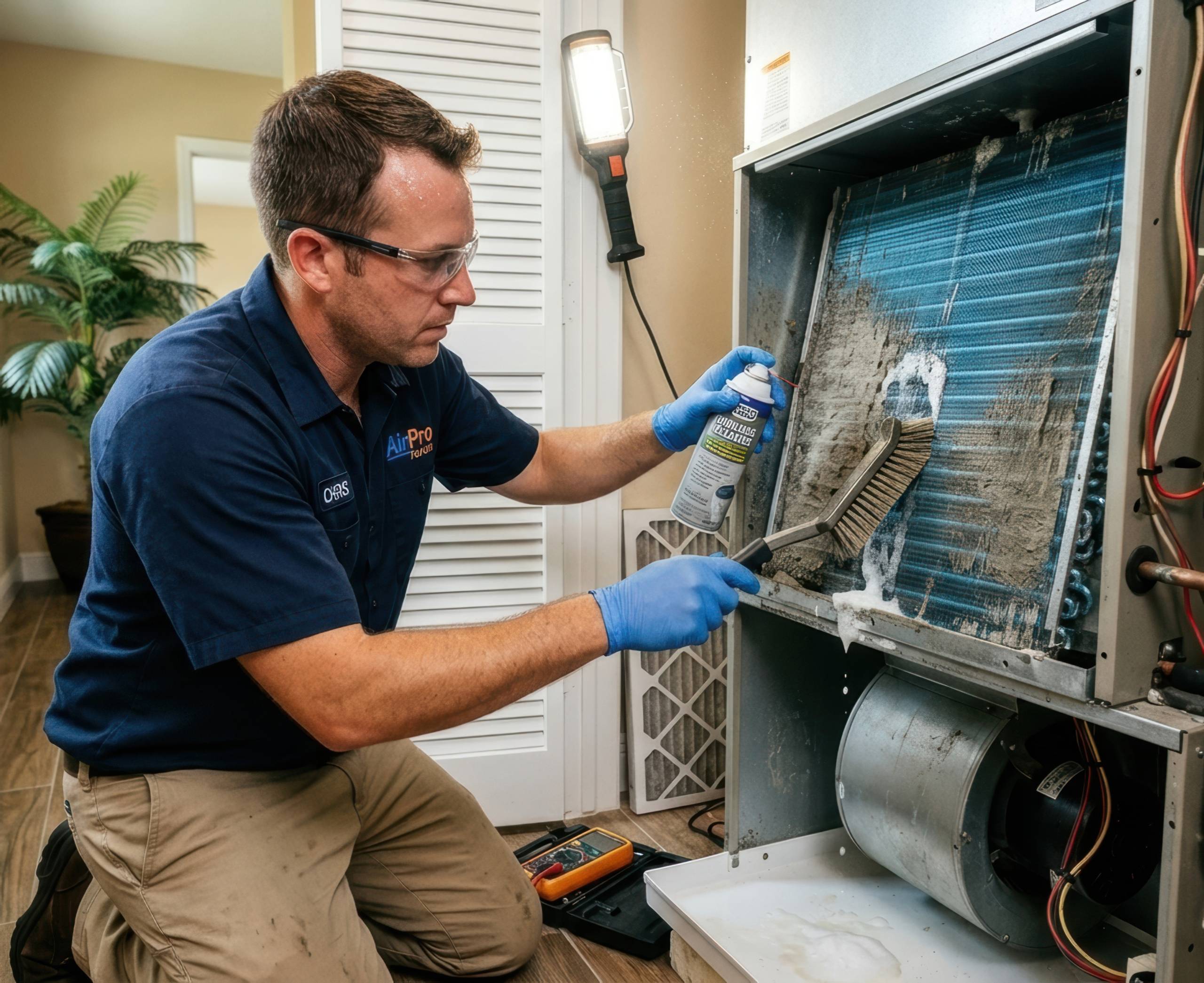 how-often-should-you-clean-ac-coils A male AirPro technician in a navy shirt and blue gloves kneels beside an open air handler scrubbing heavily soiled AC evaporator coils, with the dirt buildup showing how often do you need to clean your AC coils.