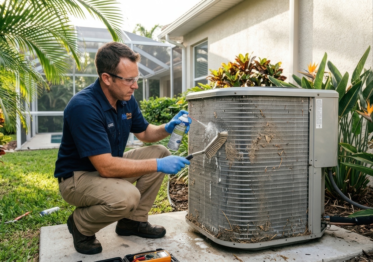 A male AirPro technician in a navy shirt, safety glasses, and blue gloves crouches next to a debris-clogged outdoor AC condenser unit, applying foaming coil cleaner and scrubbing the fins with a stiff brush on a sunny day.