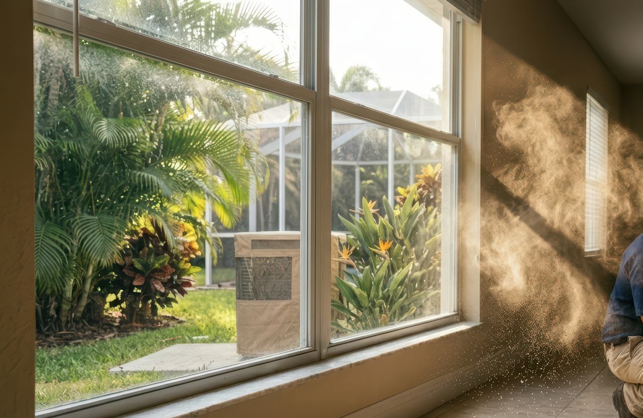 A sunlit interior shot of a large window inside a home showing a thick cloud of dust particles suspended in the air, with lush tropical plants and a pool enclosure outside and a worker partially visible on the right.