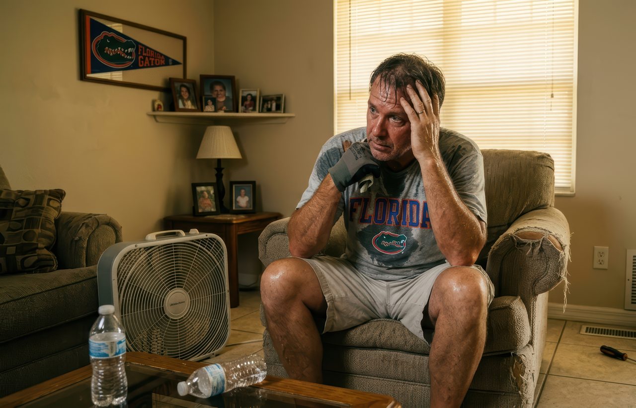 A sweating middle-aged man in a Florida Gators t-shirt sits in a worn armchair in a living room, with a box fan on the floor and water bottles on the coffee table in front of him