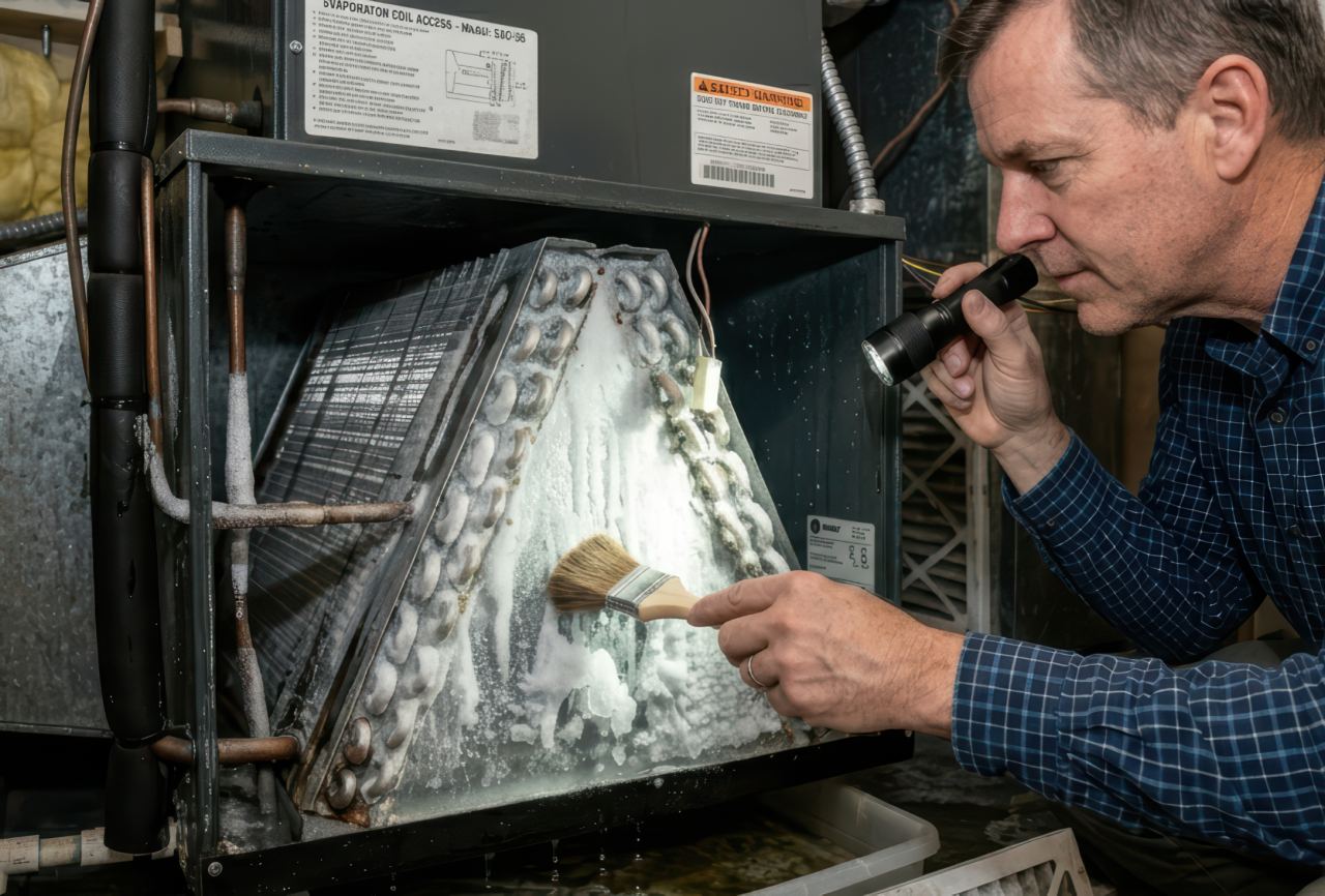 Using a flashlight for visibility, a man carefully cleans a frost covered metal cooling coil inside a dark HVAC cabinet.