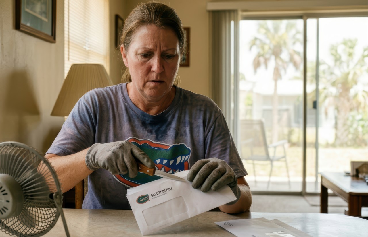 A middle-aged woman in a Florida Gators t-shirt and dirty work gloves sits at a table using a knife to open an envelope labeled "ELECTRIC BILL," with a concerned expression on her face.