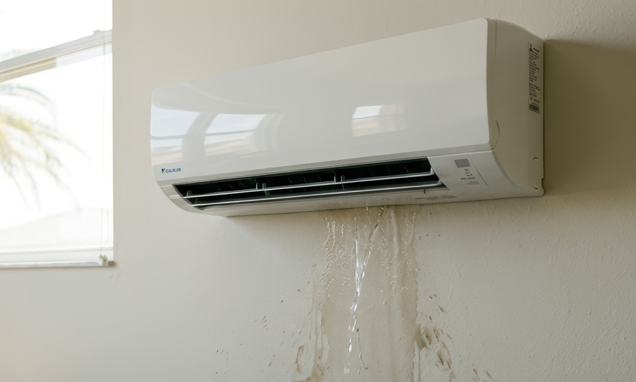 A white wall-mounted mini split AC unit leaking water heavily down a cream interior wall, leaving brown water stains below the unit.