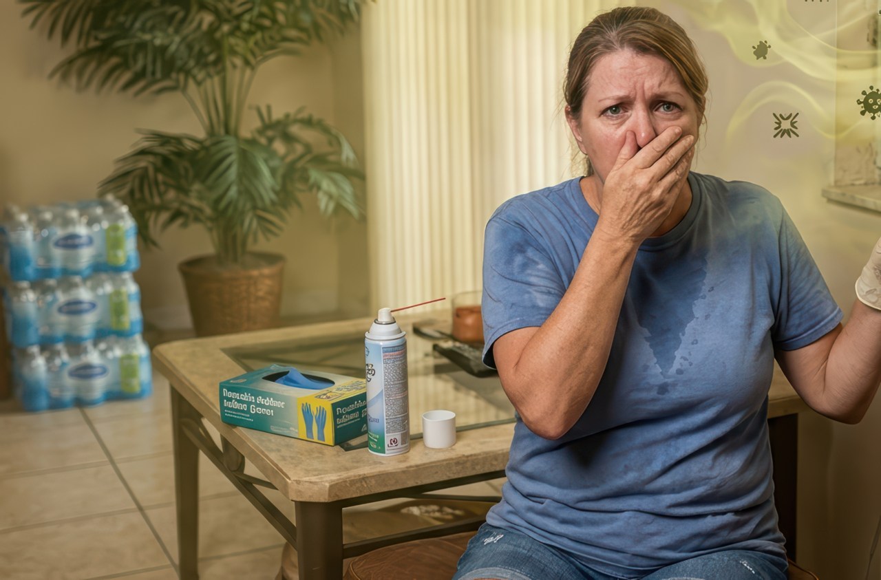 A sweating middle-aged woman in jeans and a blue t-shirt holds her hand over her nose and mouth with a disgusted look, sitting beside a glass table holding a spray can and glove box.