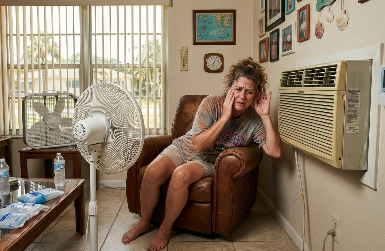 A sweating middle-aged woman in a Florida Gators t-shirt sits in a brown leather recliner, holding her hand to her ear while listening to a wall-mounted AC unit with a concerned expression.