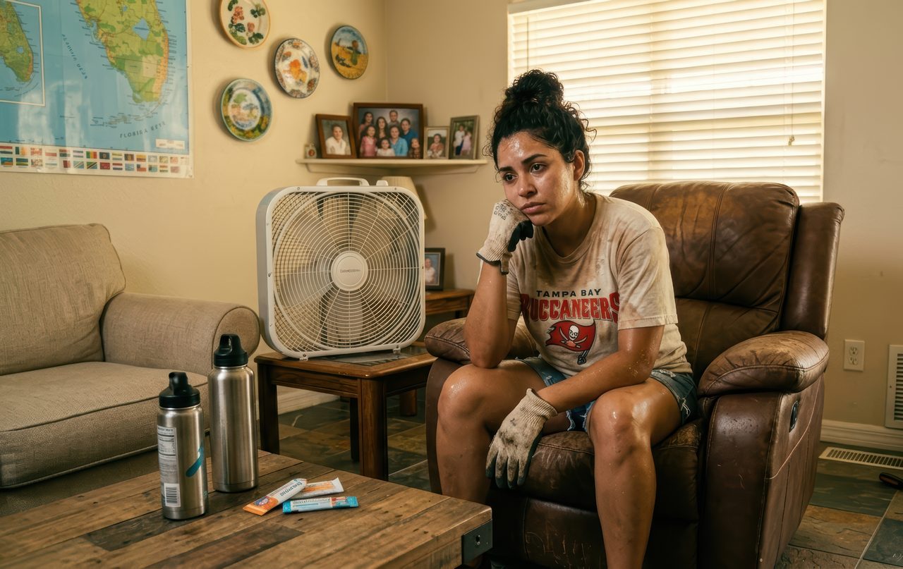 A sweating young woman in a Tampa Bay Buccaneers t-shirt and work gloves sits in a brown leather recliner in a living room, with a white box fan on a side table beside her.