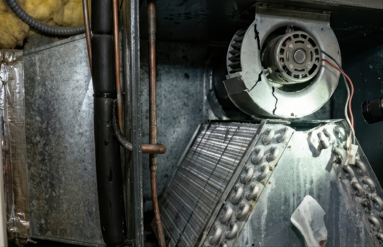 A damaged blower motor assembly with a fractured metal casing sits directly above an evaporator coil inside a utility cabinet.