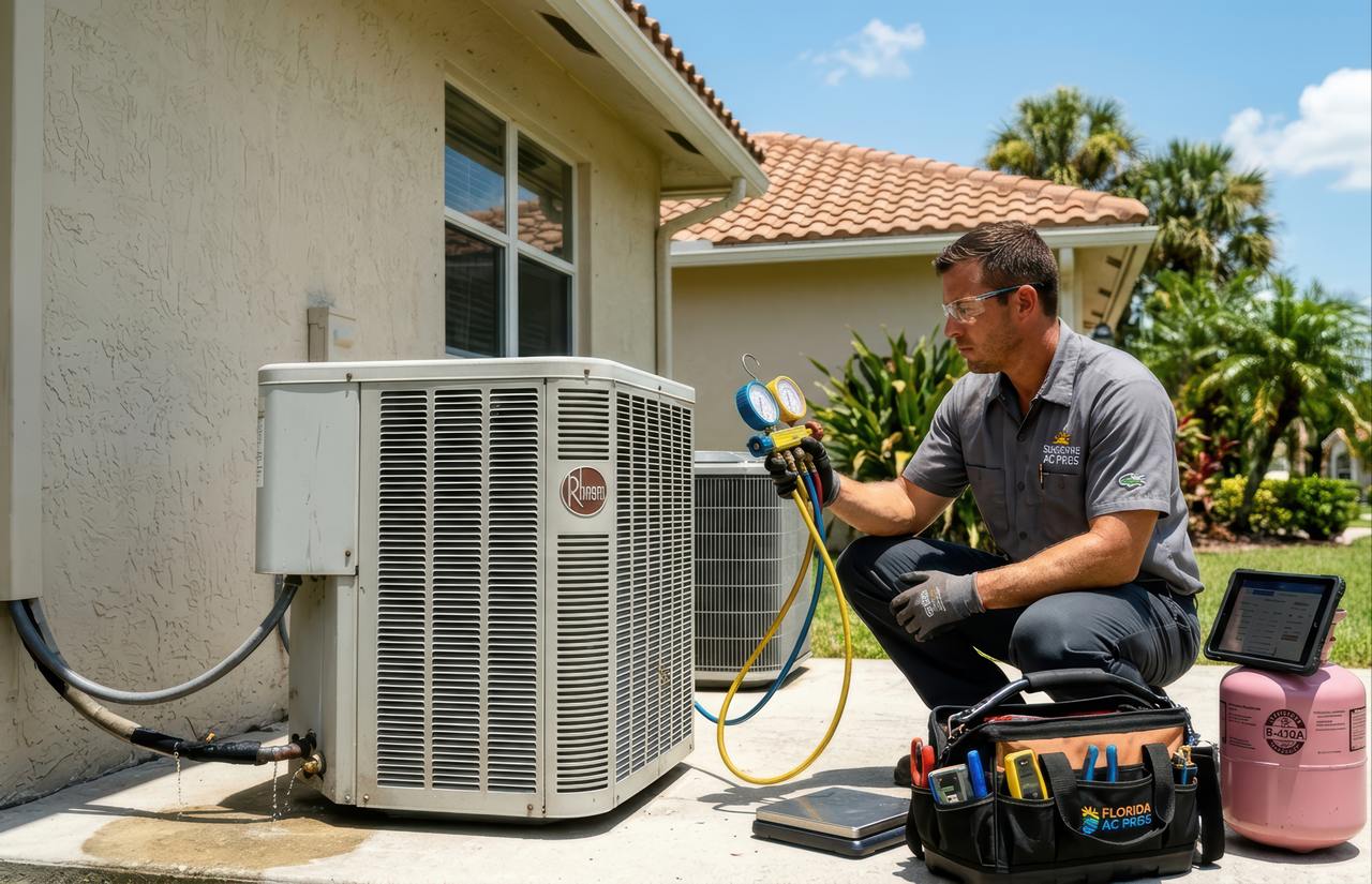 A Florida AC Pros technician in a gray uniform and safety glasses crouches next to a Rheem outdoor AC unit, connecting colored refrigerant hoses, with a branded tool bag and pink refrigerant cylinder beside him.