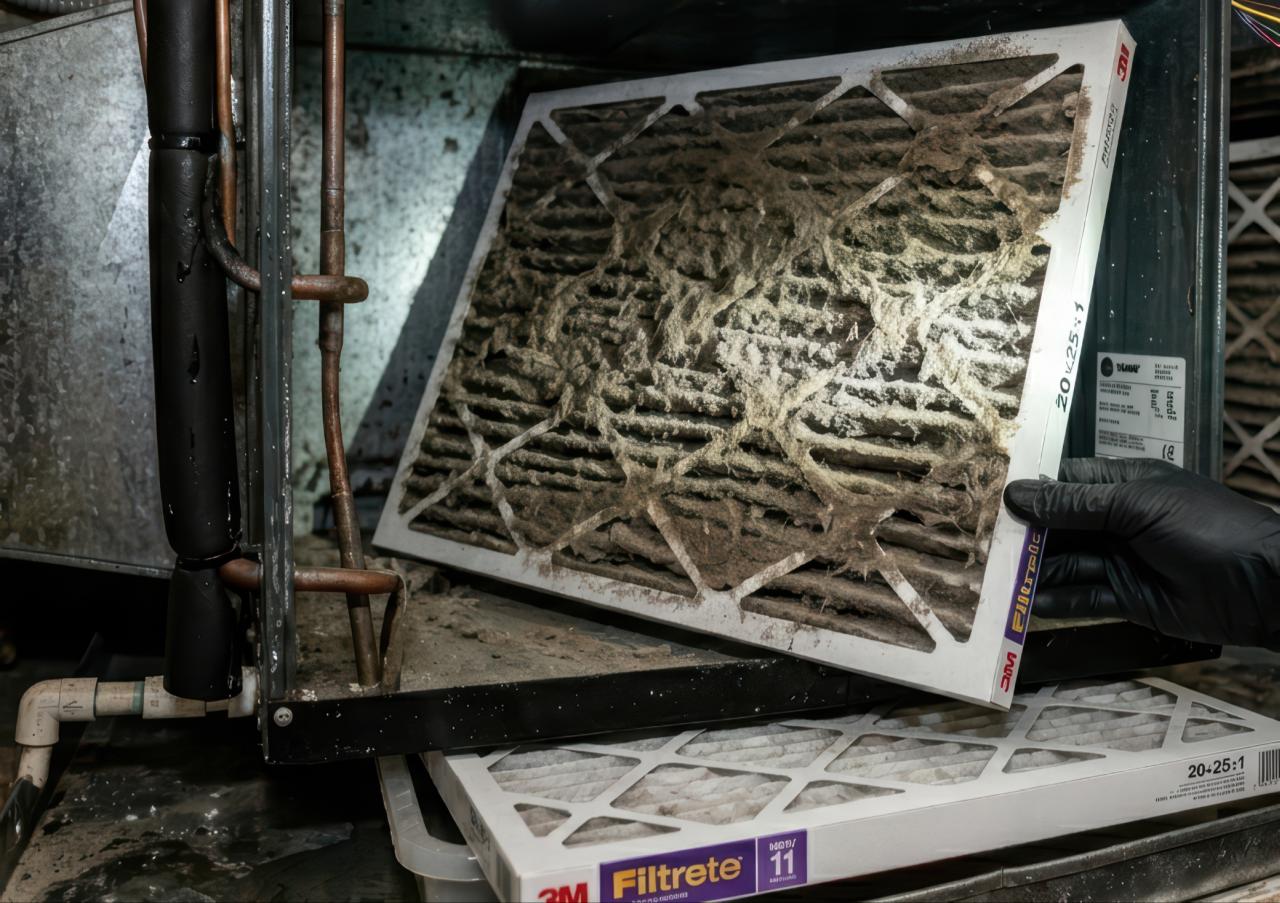 A person wearing a black glove pulls a dust covered 3M Filtrete air filter out of an HVAC unit in a dark utility room.