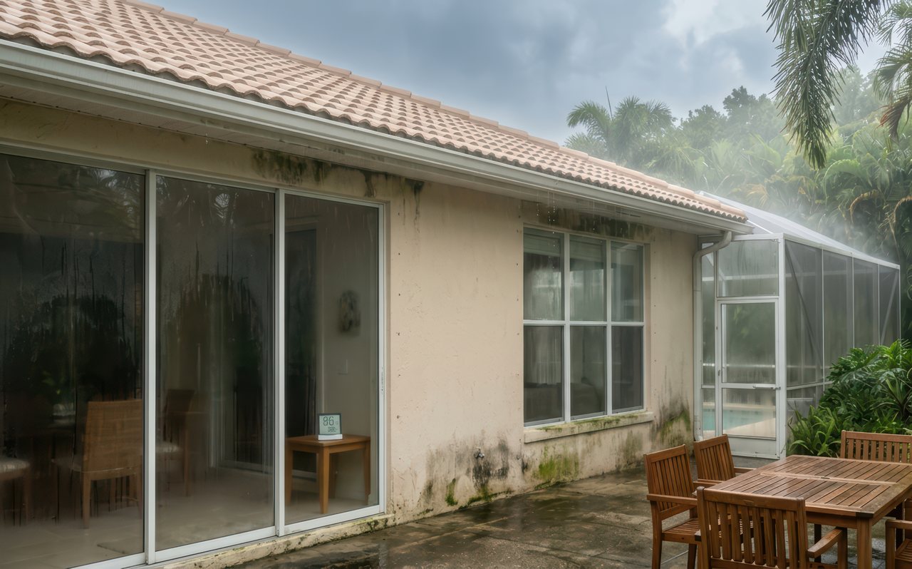 Exterior of a home with water damage, mold buildup, and damp walls, surrounded by lush greenery and palm trees in humid conditions.