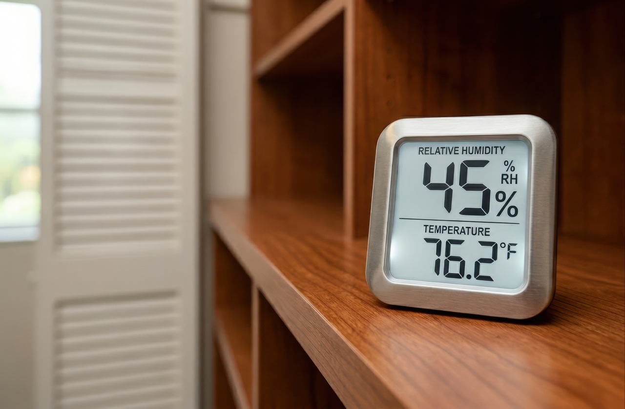 Small digital hygrometer sits on a wooden shelf showing 45% relative humidity and 76.2°F temperature. Background includes a closet door and window with soft daylight entering the room.
