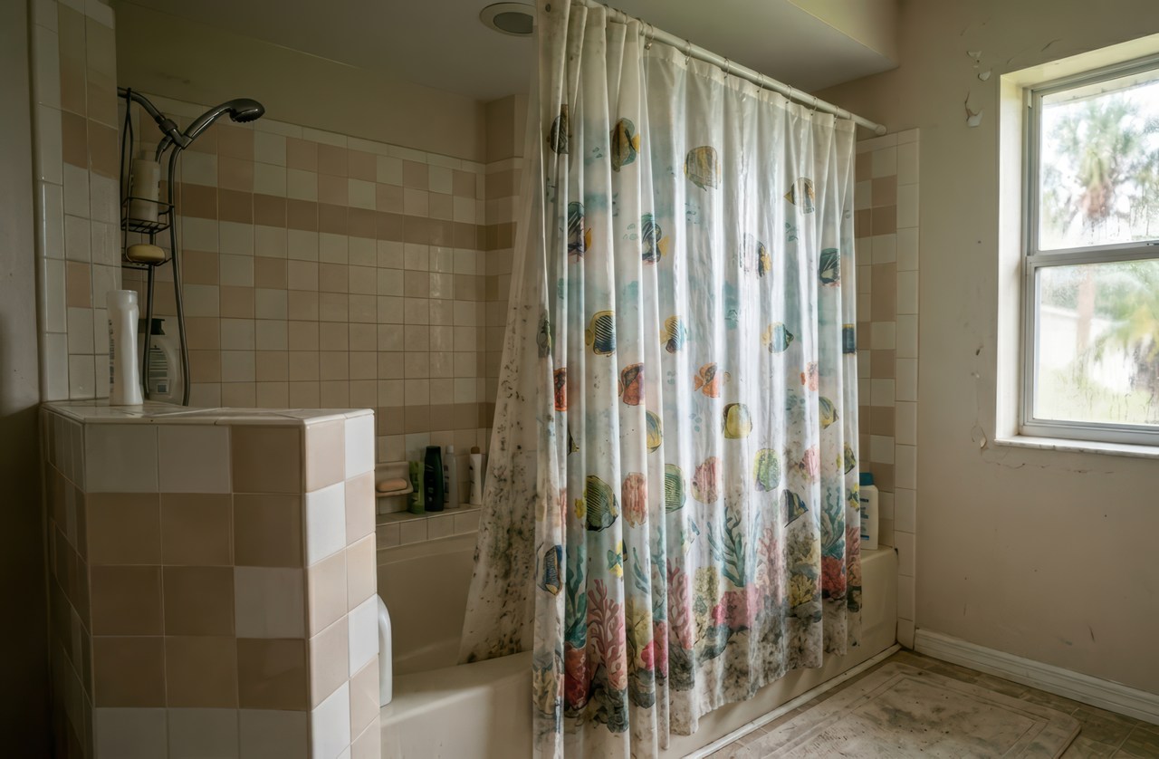 Shower area with visible mold stains on curtain, tiles, and flooring, highlighting poor ventilation and high indoor humidity conditions.