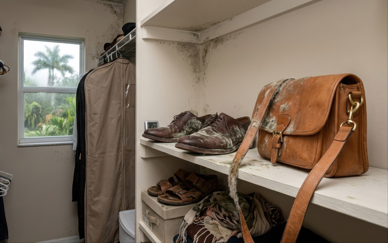 Indoor closet with visible mold on leather items and wall corners, along with stored clothes and accessories in high humidity conditions.