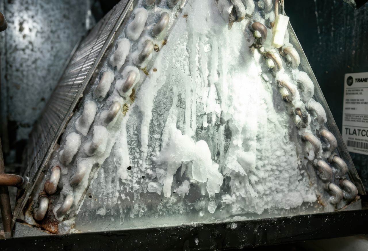 A professional photograph captures thick white ice and frost encrusted on a metal Trane evaporator A-coil within the dark interior of an HVAC unit.