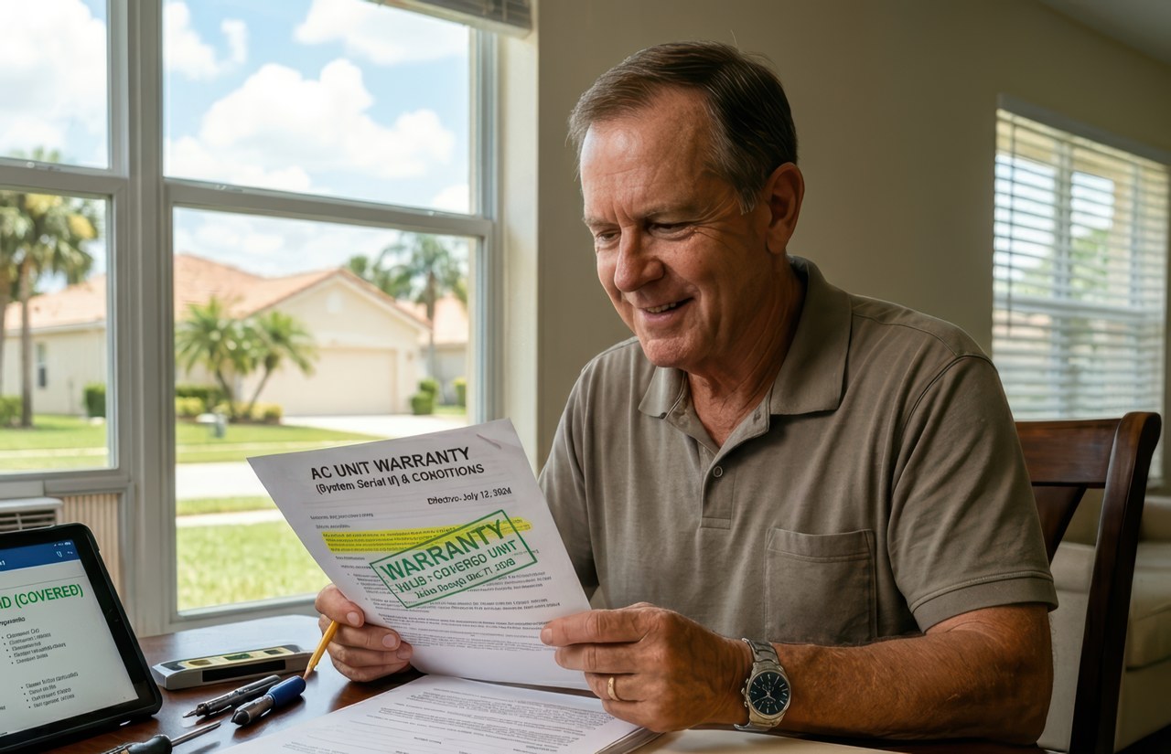 A smiling elderly man in a gray polo shirt holds and reads an AC unit warranty document at a wooden table, with a tablet displaying a covered items list and screwdrivers nearby.
