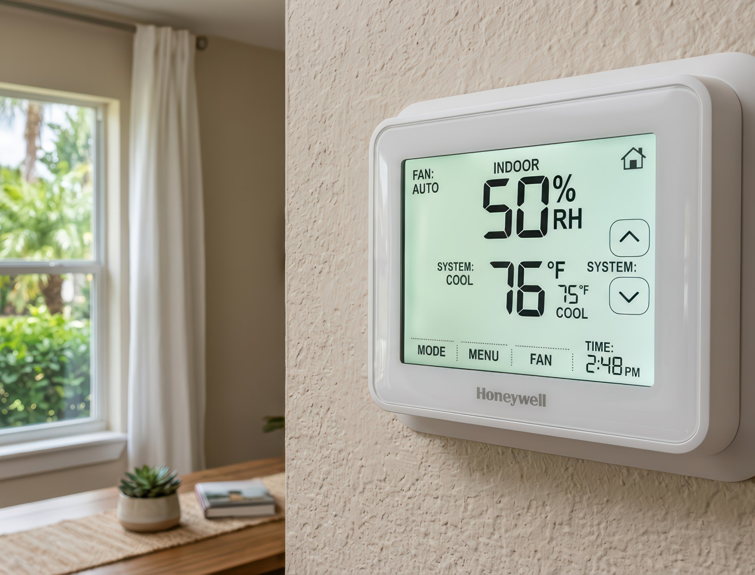 ideal-indoor-humidity-level-florida Digital Honeywell thermostat mounted on a textured wall shows indoor humidity at 50% with cooling set to 76°F. Bright living room with window, curtains, and table in background reflects ideal indoor humidity in Florida homes.