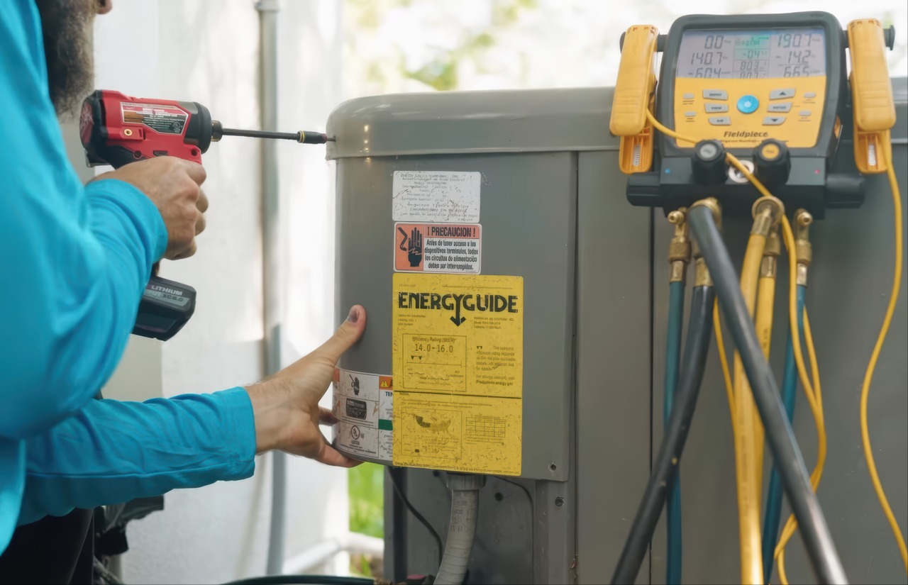 A technician in a teal shirt uses a red Milwaukee cordless drill on a gray outdoor AC unit displaying an EnergyGuide label, with a yellow Fieldpiece digital manifold gauge and refrigerant hoses connected to the unit.