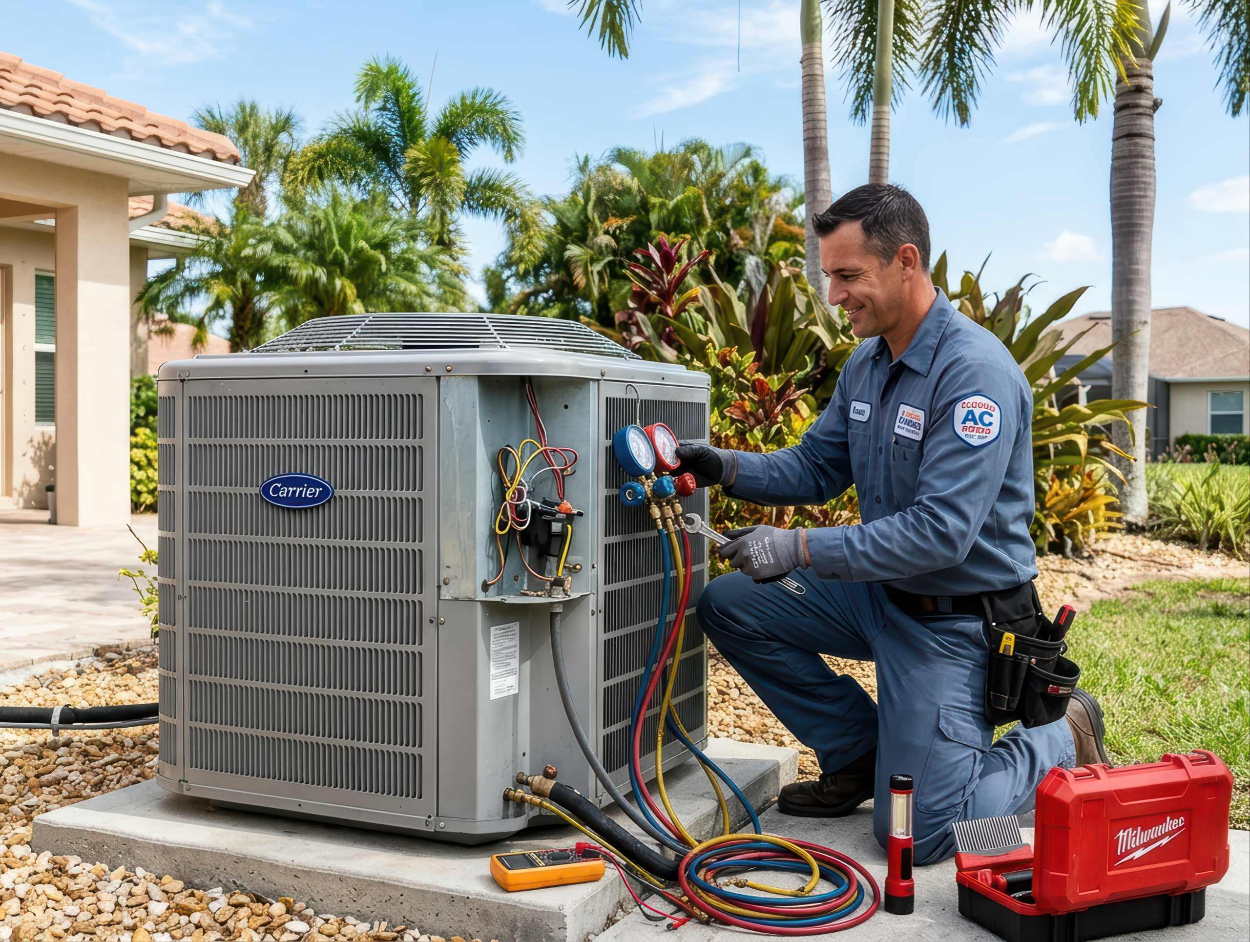 signs-you-need-an-ac-tune-up An AC technician in a blue uniform connects refrigerant hoses to a Carrier outdoor unit, with a Milwaukee tool case and multimeter on the ground, highlighting signs you need an AC tune-up