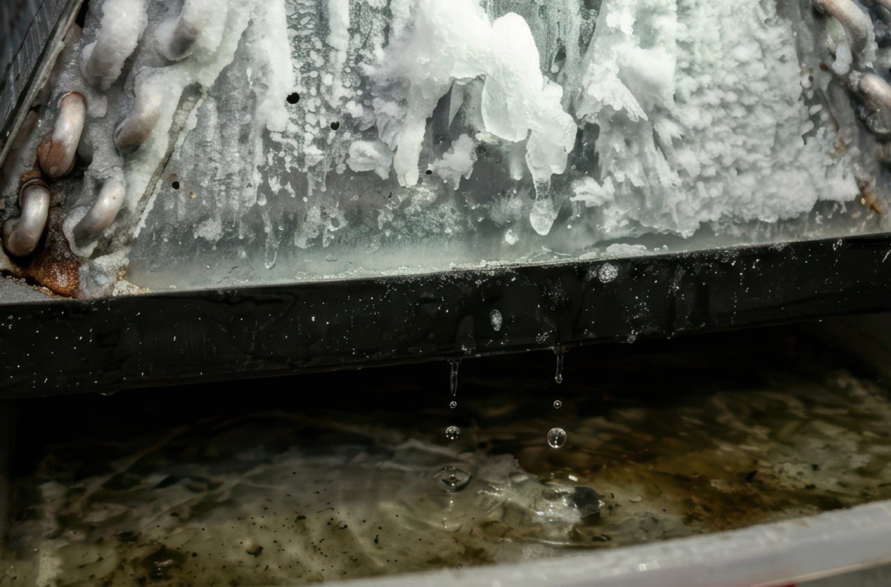 This professional photograph captures melting ice on a metal evaporator coil with water droplets falling into a plastic drain pan. The heavy frost buildup is concentrated on the upper metal fins of the unit inside a dark utility space.