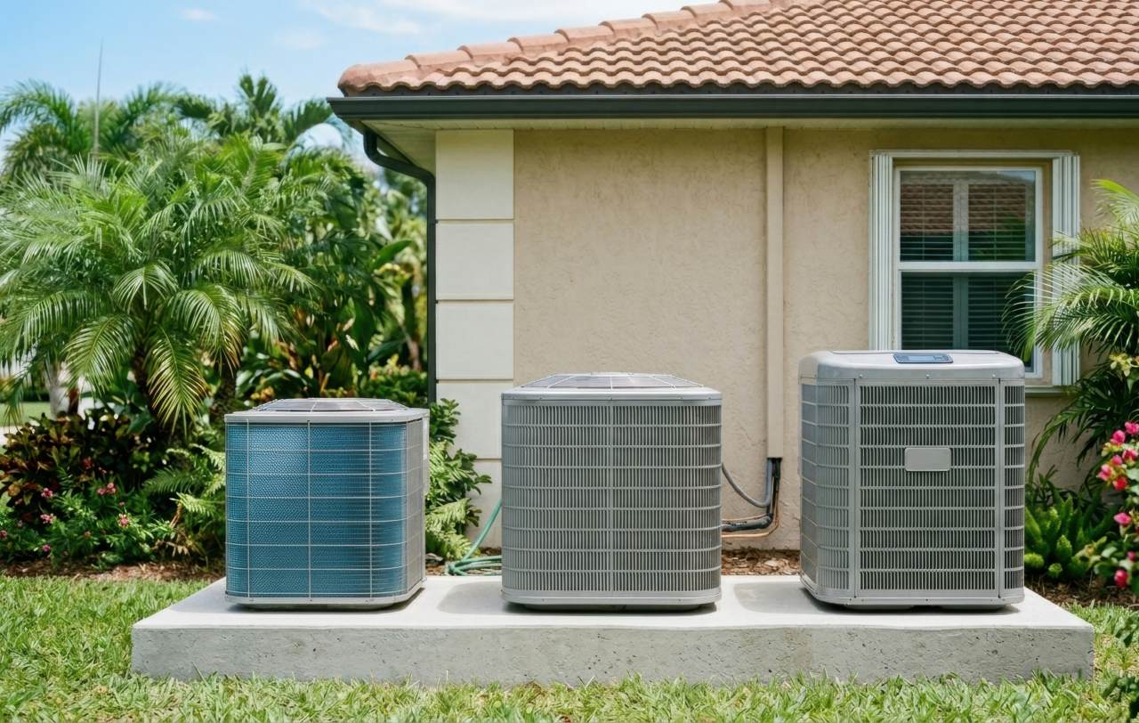 Three distinct air conditioning condenser units sit side-by-side on a long concrete pad outside a stucco house with tropical landscaping.