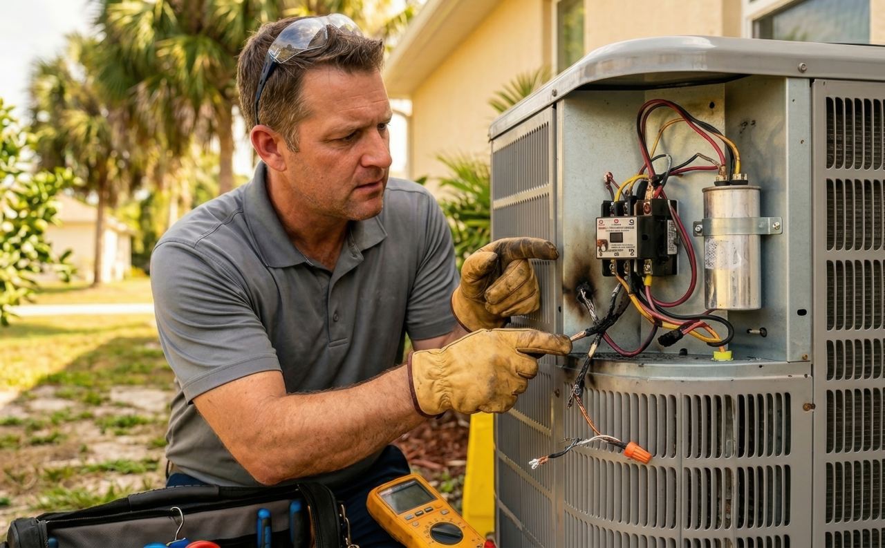 A middle-aged technician wearing leather gloves inspects severely burned wires inside an outdoor air conditioning unit in a sunny yard.