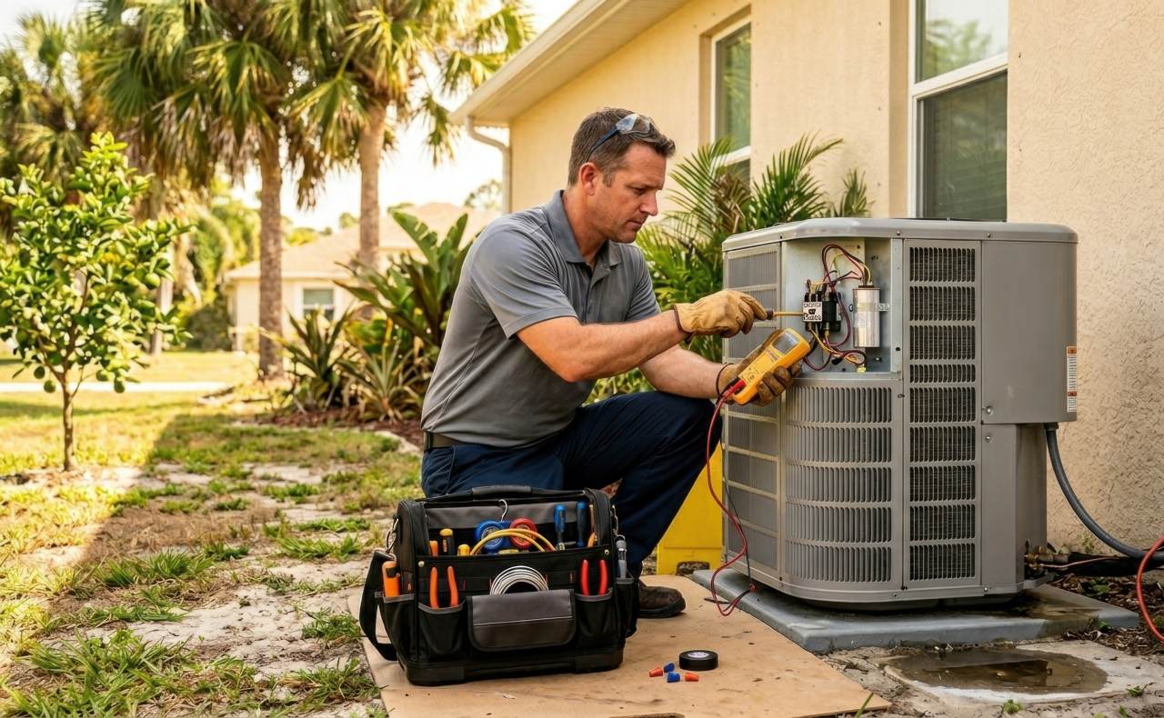 A middle-aged technician kneels in a sunny residential yard to test the electrical components of an outdoor AC unit using a digital multimeter.