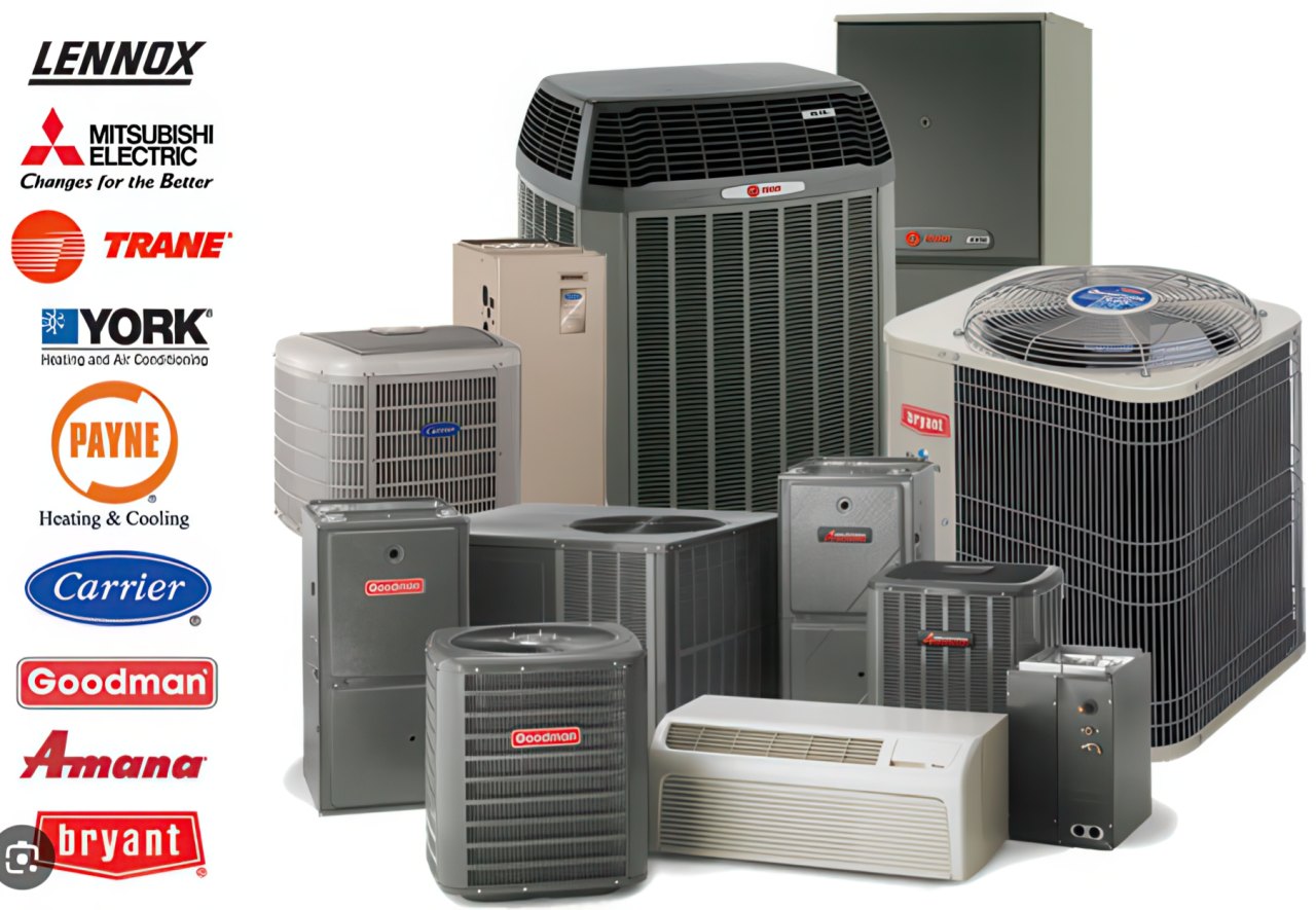 Various residential HVAC components including condensers, air handlers, and indoor units arranged in product showcase.