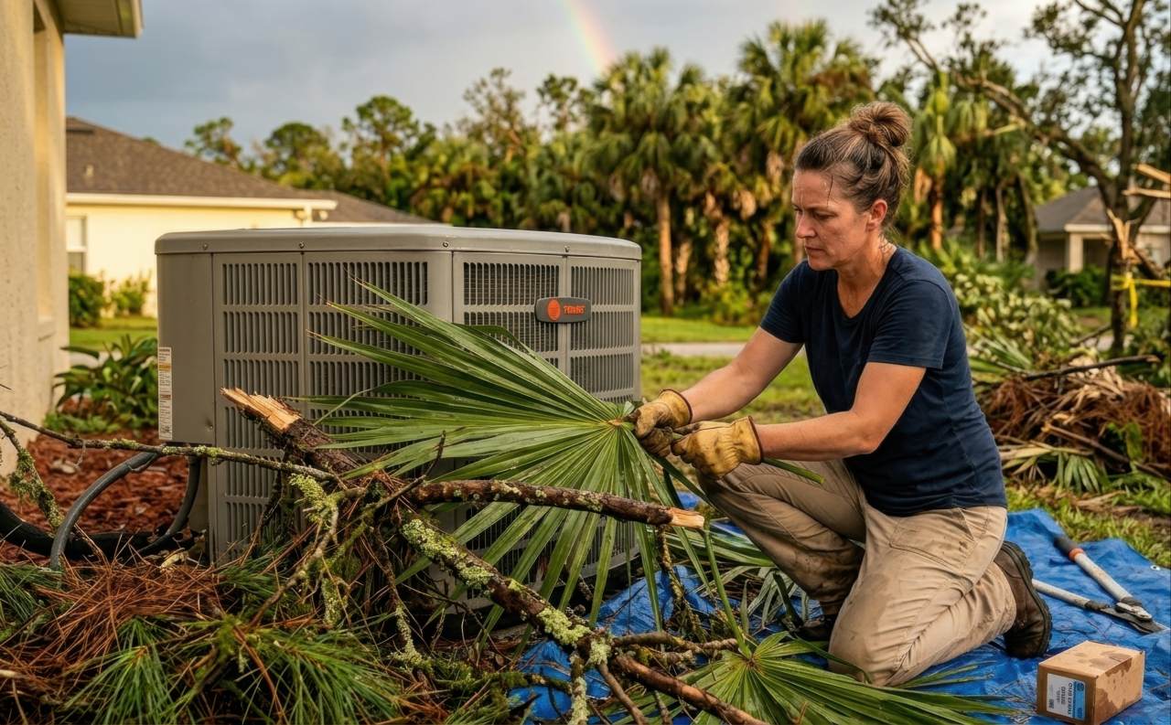 A middle-aged woman wearing leather gloves kneels on a blue tarp to clear fallen palm fronds and branches away from a gray outdoor AC unit.