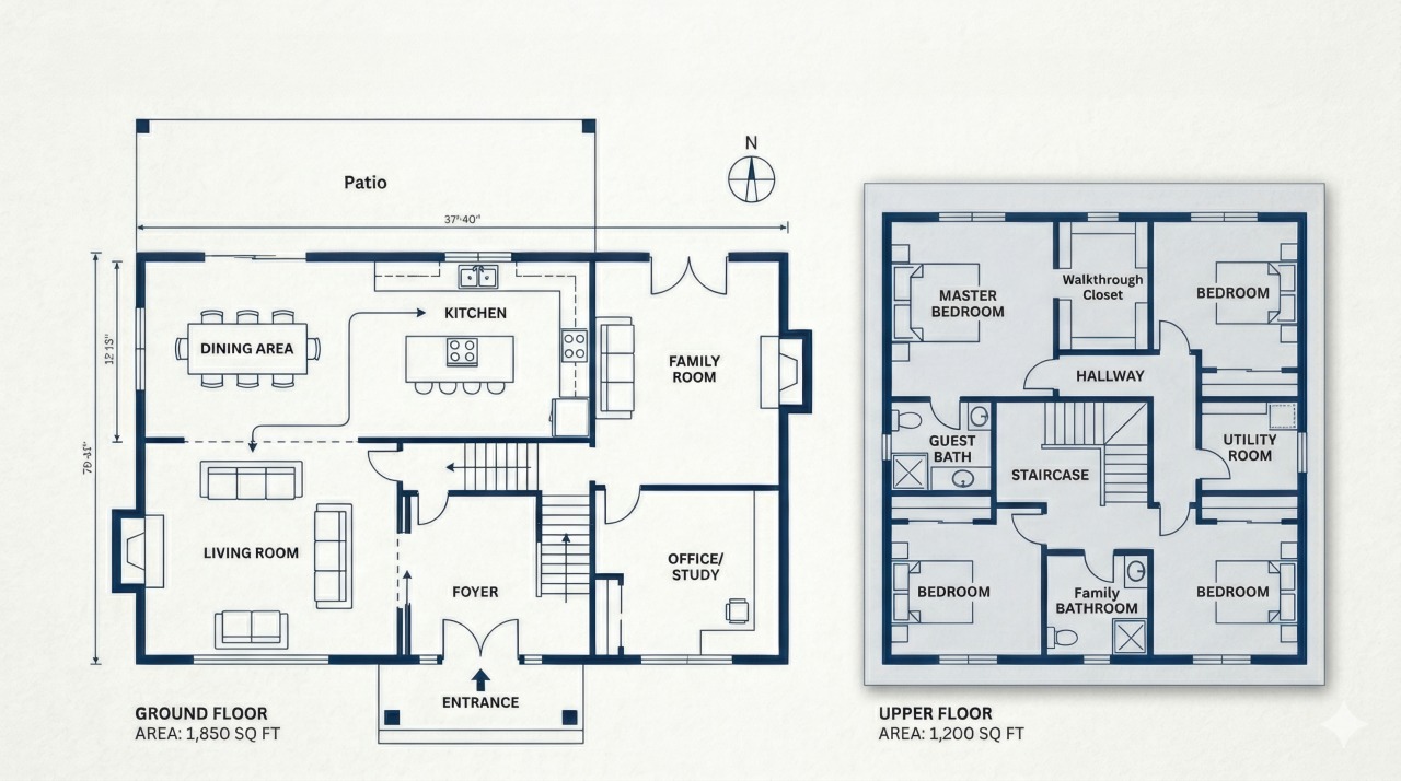 A two-story home floor plan illustrating a ground floor with an area of 1,850 square feet and an upper floor with 1,200 square feet, detailing various living spaces and bedrooms.