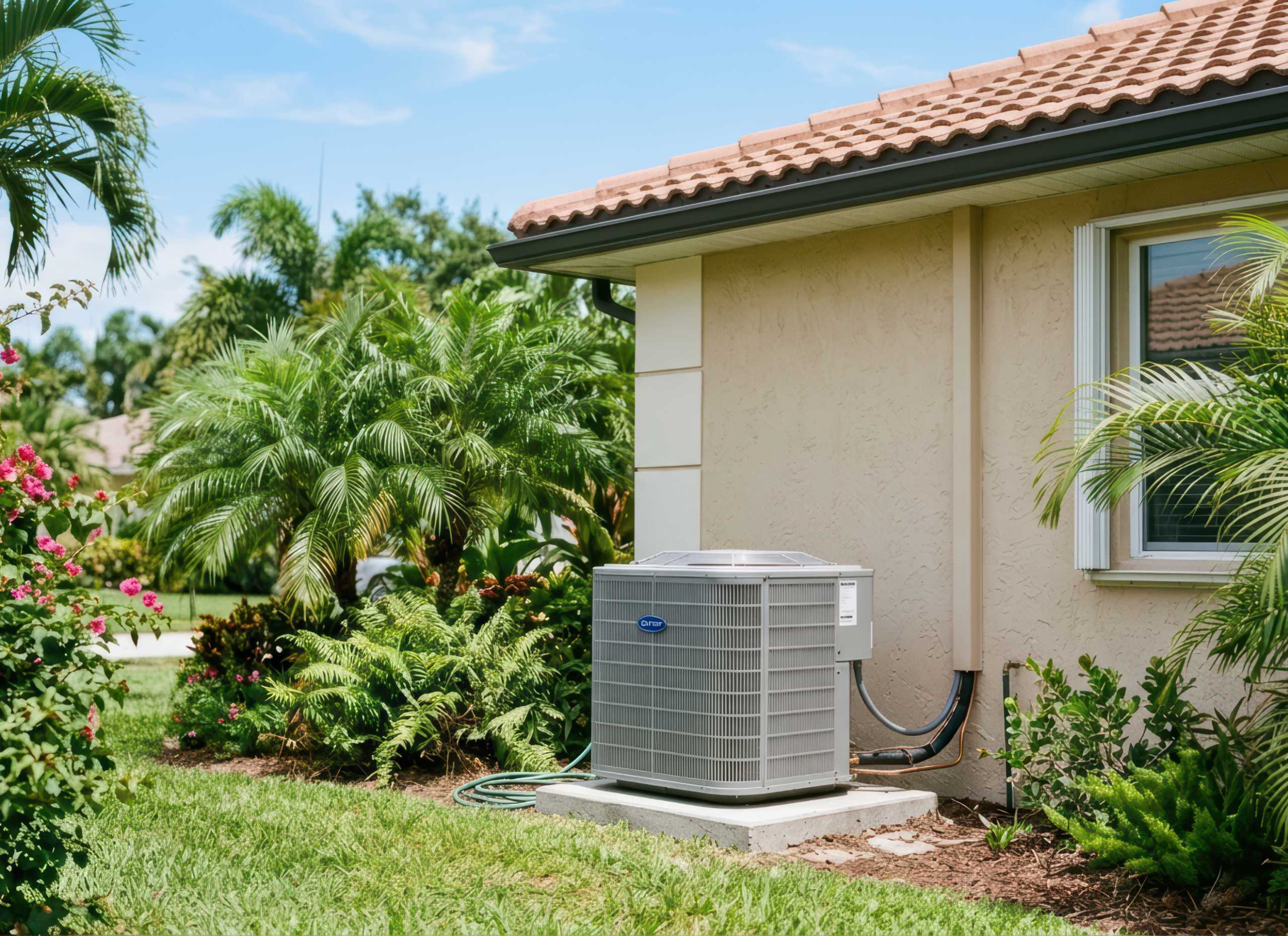 how-long-should-ac-run Surrounded by palm trees and pink flowers a gray Carrier air conditioning unit rests on a concrete pad next to a stucco house as residents monitor how long should AC run in hot climates.