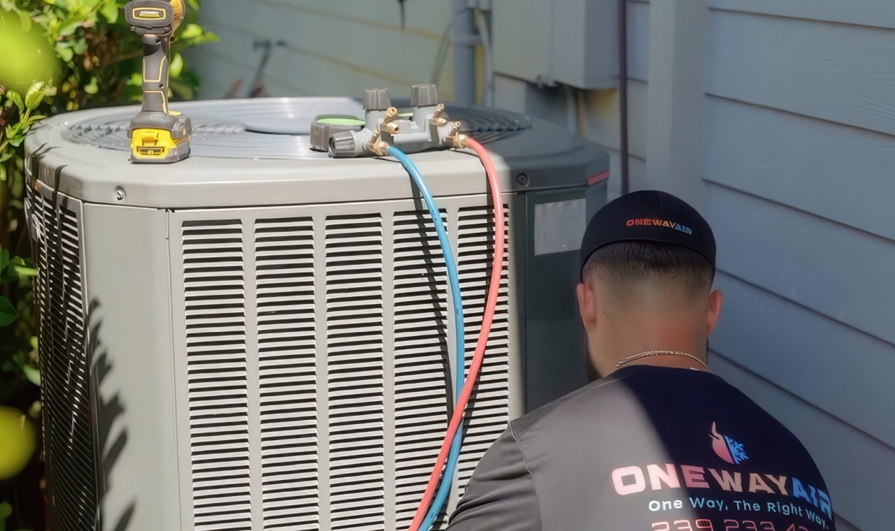 A technician wearing a One Way Air uniform works on a gray outdoor air conditioning unit connected to diagnostic gauges in a sunny yard.