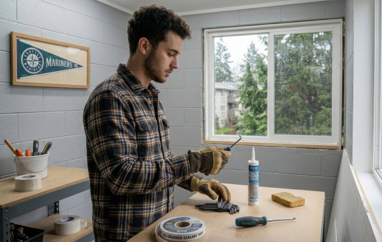 A young man wearing a plaid shirt and work gloves stands at a wooden workbench in a cinder block room, preparing to use tools and all-weather sealant tape.