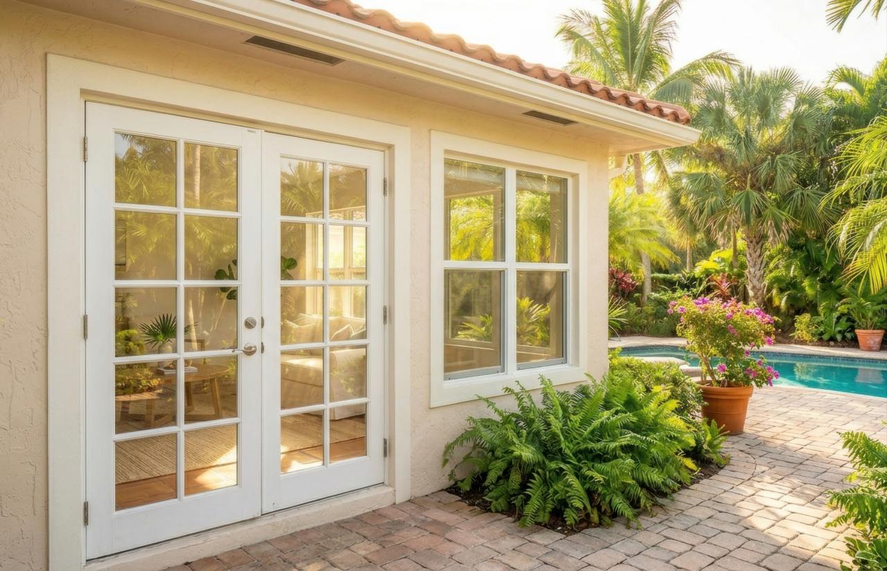 A professional photograph shows the bright sunlit exterior of a stucco home with a Spanish tile roof. White glass French doors and a matching window open to a paved brick patio surrounded by lush ferns, palm trees, and a swimming pool.