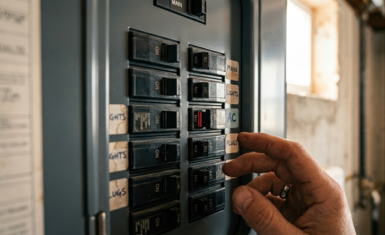 A hand reaches toward an open grey electrical panel with a switch displaying the red text TRIPPED next to the handwritten label AC.